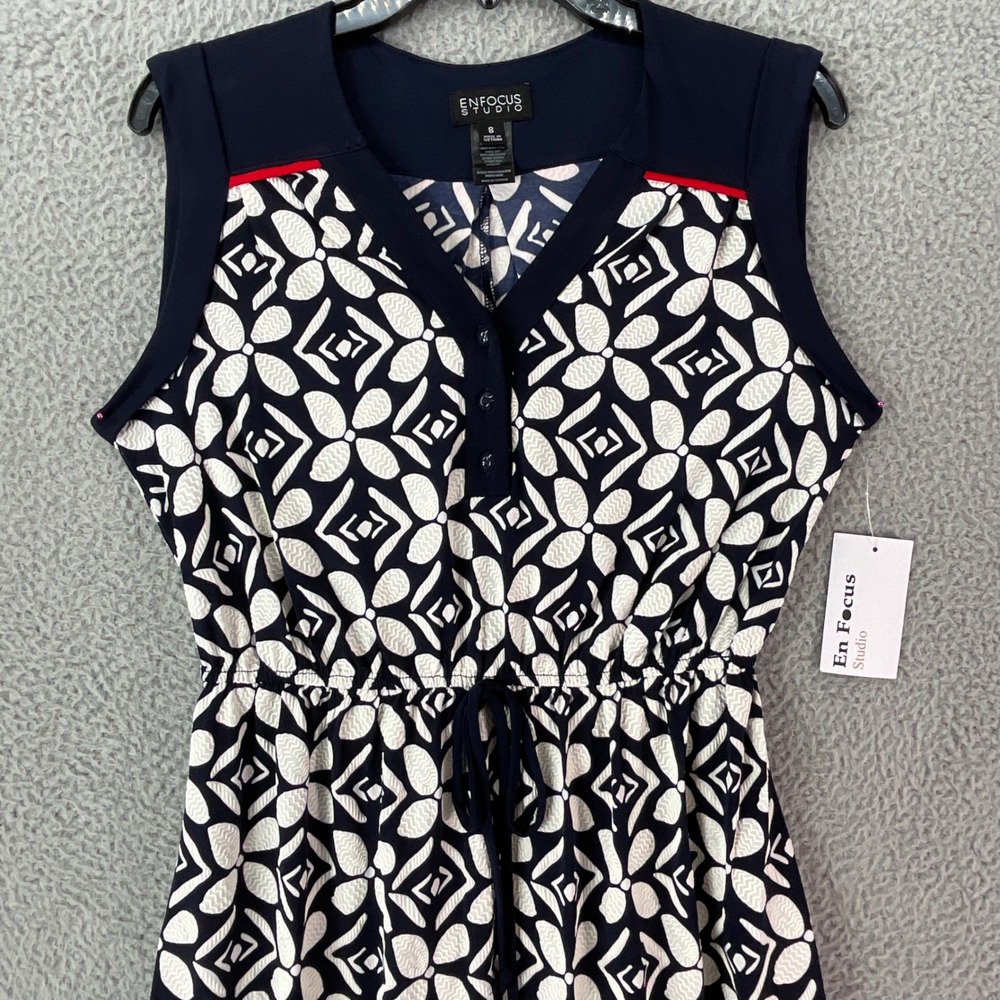 Enfocus Studio Dress Womens 8 Navy Blue White NWT Geometric Sleeveless V-Neck - Picture 2 of 7